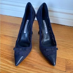 Manolo Blahnik navy lace and leather heels